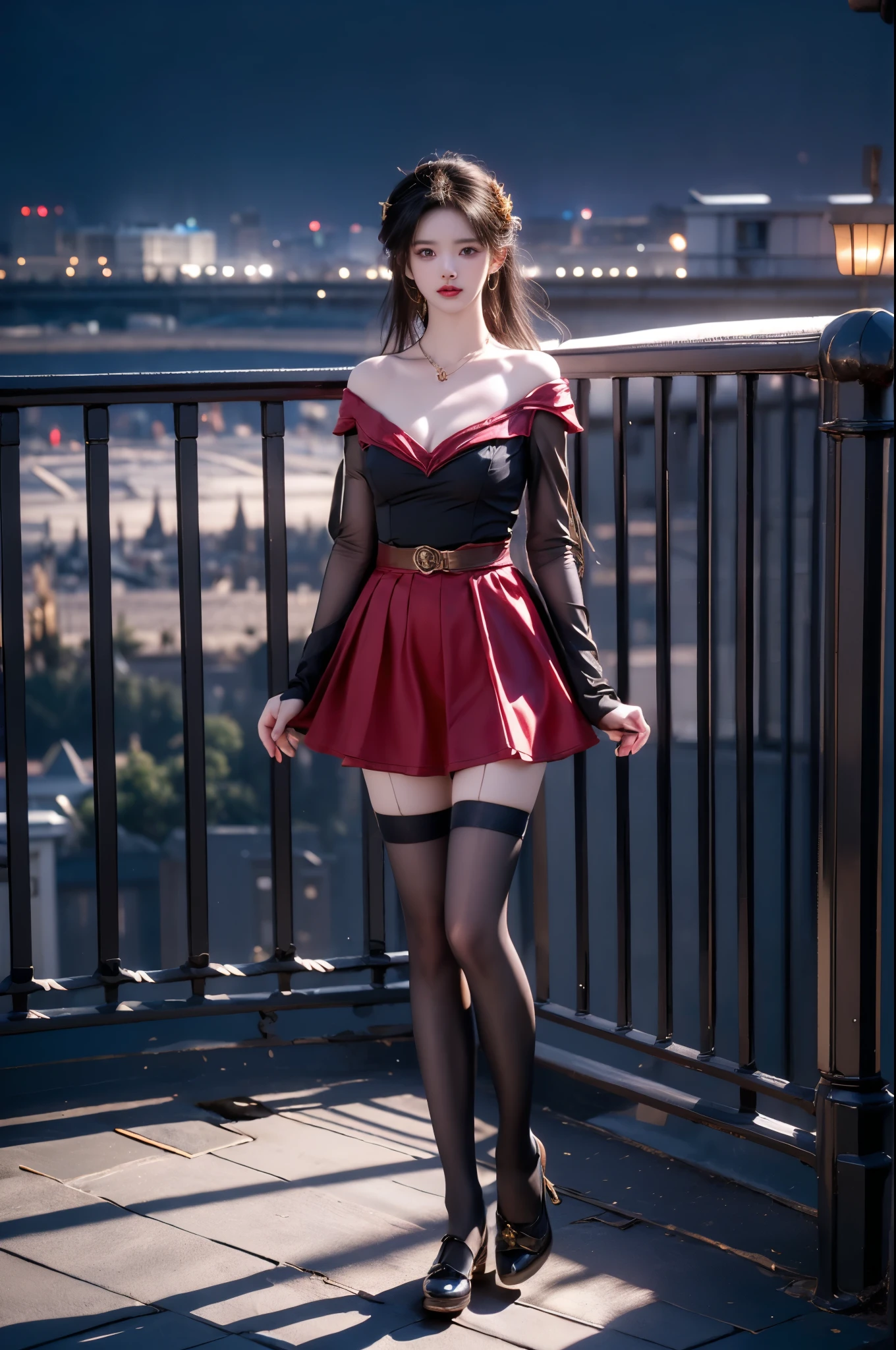 hujia cos,thighhighs, red skirt, , ((full body:1.4)), ((a beautiful fashion model)), (Up in the tower, against the fence, night, moonlight, stars, starry sky), (Full breasts, visible cleavage, very short hemlines, revealing smooth thighs), lperfect long legs, professional model pose, hands on knees, leaning forward, slim t-walk proportion, photorealistic, hyperrealistic details, perfect facial features, fashion photography, professional lighting, night scene, golden ratio composition,  high-end fashion editorial, soft shadows,  vintage wallpaper, luxury curtains,  perfect symmetry, sharp focus, canon EOS R5, 85mm portrait lens, dramatic lighting, volumetric lighting, cinematic, ultra detailed, 8k resolution