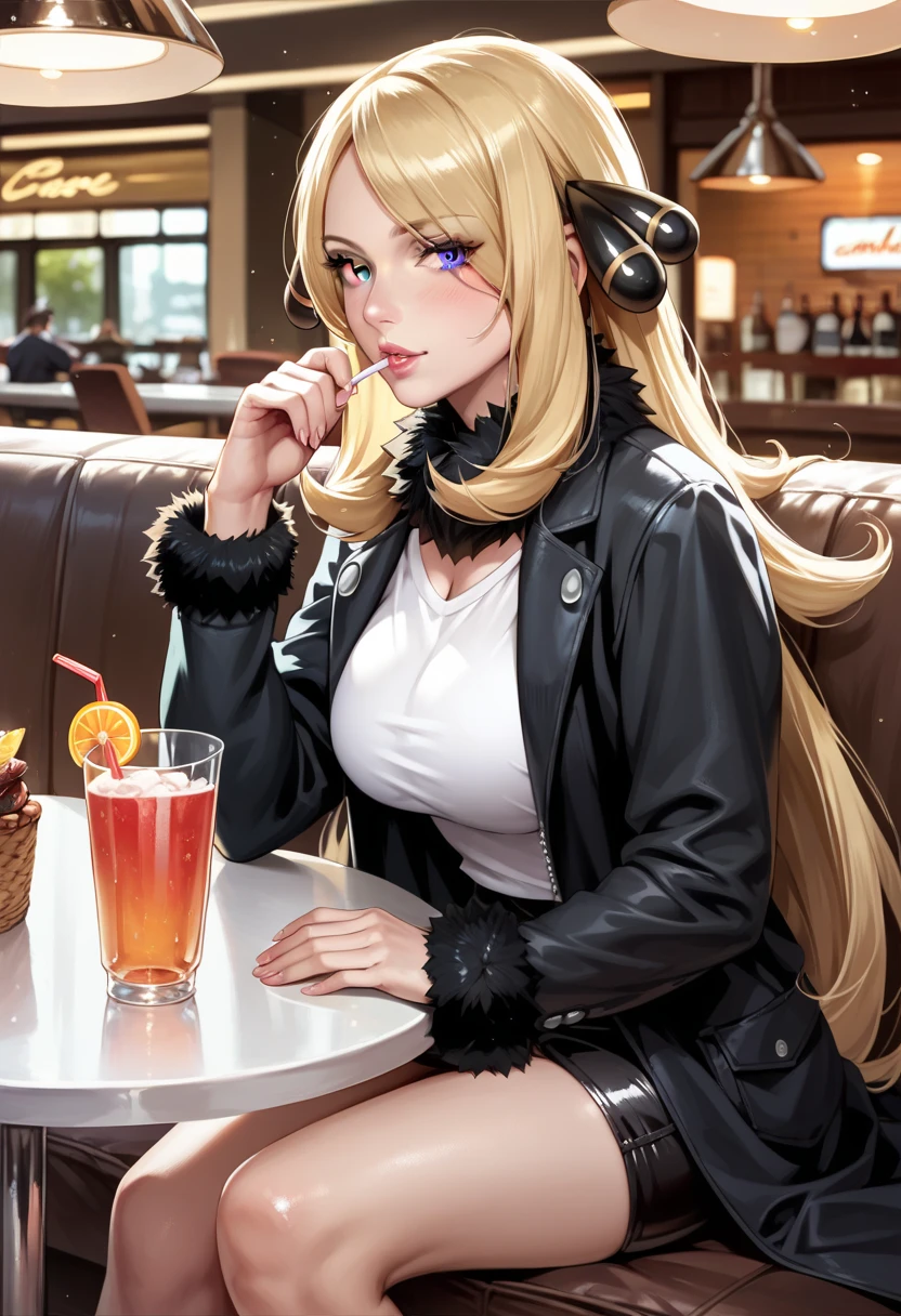 Illustration, Realistic proportions, best quality, high detail, Cynthia from Pokemon, long blonde hair, grey eyes, black coat, sitting in a café, drinking out of a long glass