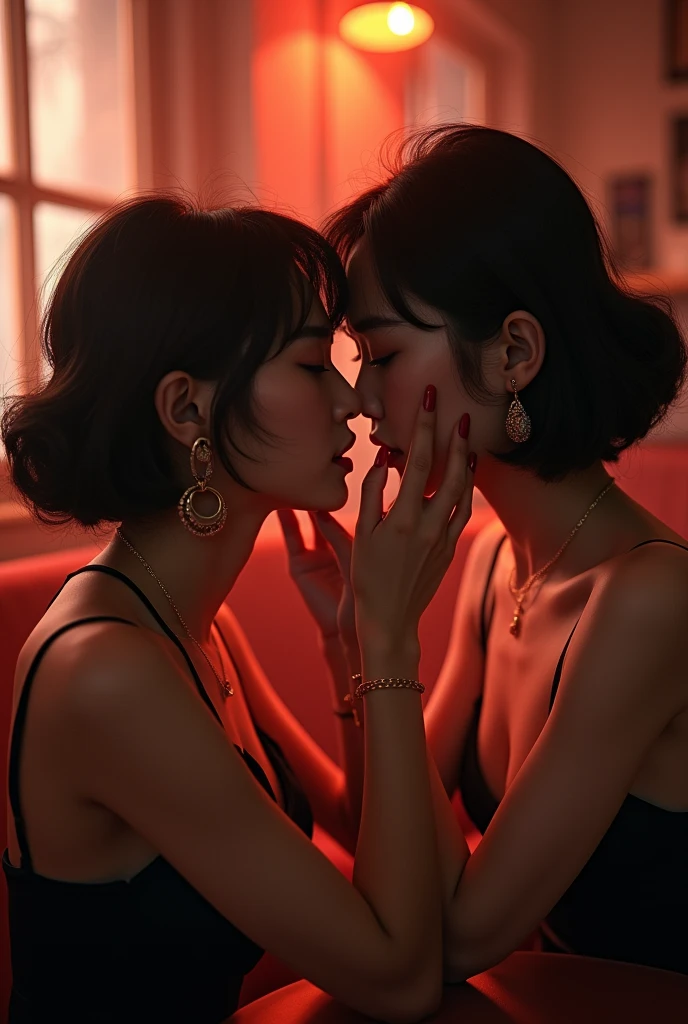 two girls, ebony skin, light African skin, curly hair, red lips, romantic atmosphere, foreheads glued together, eyes closed, faces dirty with dust and blood, away from the camera, showing from the waist up, blue light reflecting on their face from the side, black background, realistic, work of art