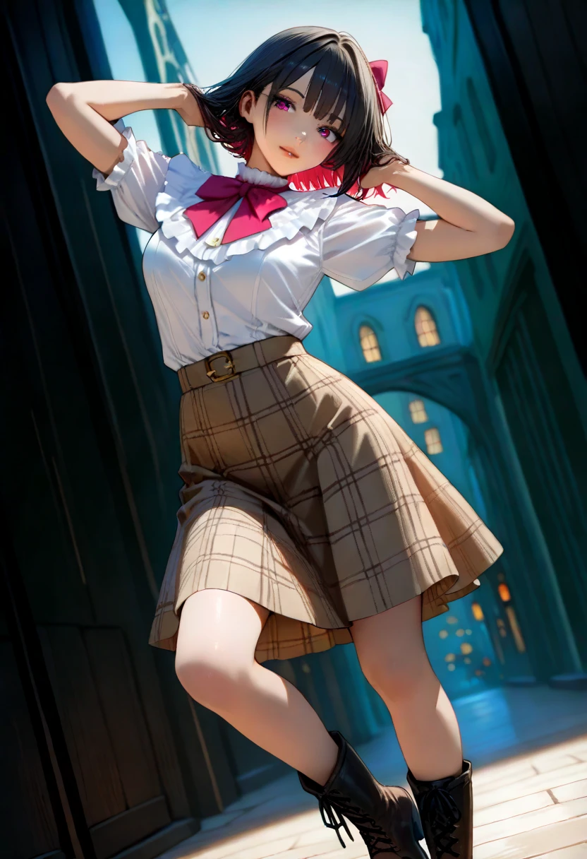 masterpiece,hires,best quality,perfect anatomy,dynamic angle,1girl,solo,black hair,pink bowtie,frill blouse,tweed skirt,short boots,elegant pose,detailed facial features,intricate hairstyle,natural lighting,warm color palette,cinematic composition,detailed textures,high fashion,studio quality,