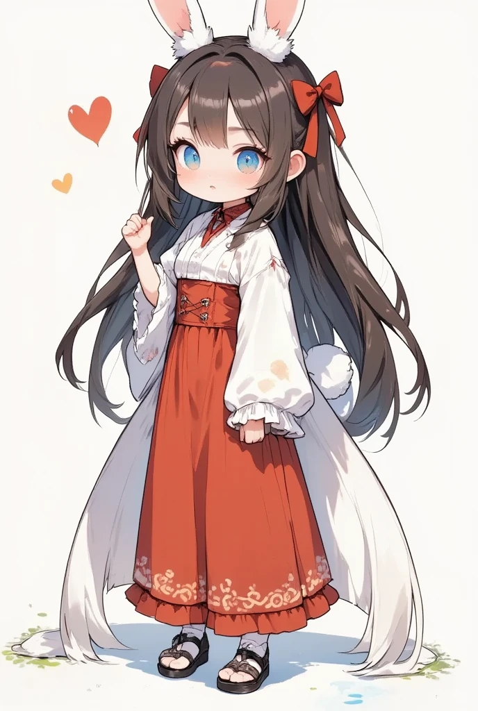 1girl, animal ears, rabbit ears, blue eyes, rabbit tail, long hair, blush, hair between eyes, very long hair, brown hair, orange hair, japanese clothes, hakama, miko, zouri, skirt, socks, hakama skirt, wide sleeves, kimono, sandals, long sleeves, ribbon trim, tabi, ribbon-trimmed sleeves, hair ribbon, standing, looking at viewer, solo, tail, full body, white background, shadow, simple background, smile, rabbit girl, closed mouth, white kimono, white socks, animal ear fluff, red hakama, chibi, black footwear, red ribbon, hand up