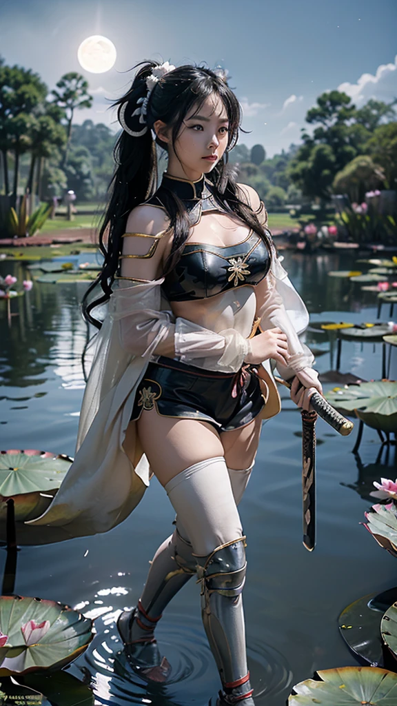  Sexy female character wearing white armor as a warrior from the Sengoku period 、((twintails, spiral curls hair))、((onyx black hair))、((toned body))、(glistening skin)、 Tight Body 、((mega breasts 1.8))、 plump breasts 、 plump thighs 、 The white armor with the water lily flower pattern engraved on it is a bikini type and is designed to highlight chest exposure、( Wear a cape with a water lily flower pattern )、gypsy skirt、 white shin guard with a water lily flower engraved on it 、White high-leg underwear 、White tights、 absolute domain、((The moment you pull out a sword))、Draw your sword、Iai、Dramatic lighting、night sky with star、Big Moon、(( Water lily flowers in full bloom in the background ))、(( Large water lily flowers blooming in full bloom on the front ))、 cinema-like scene 、Background water lily 、 Max Image、 Ultra High Definition、8k