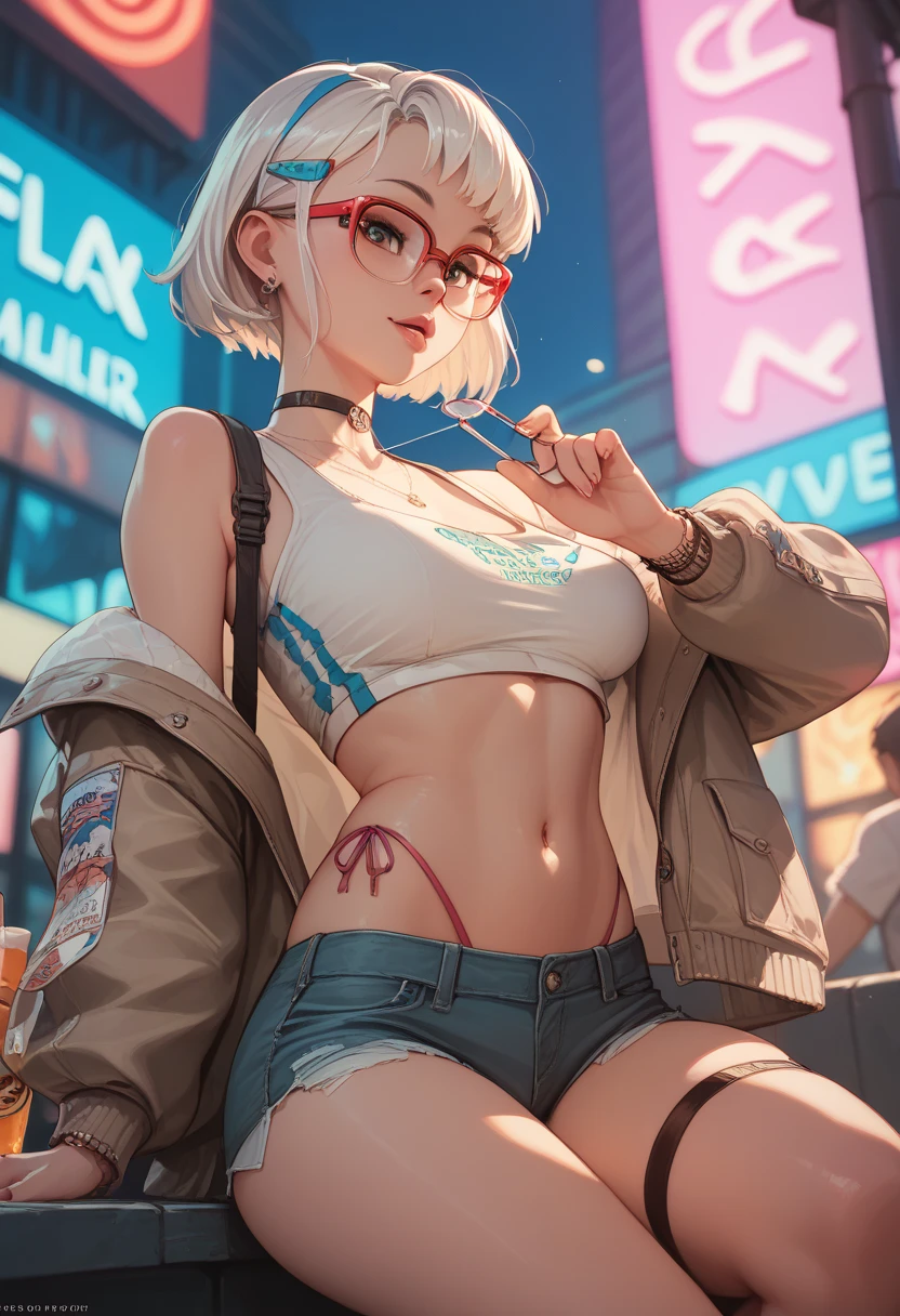 neon, short hair, white color, glasses