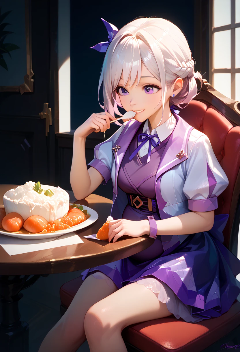 score 9, score 8 up, score 7 up, ((Top Quality)), ((Masterpiece)), (Details), best quality, (beautiful hands), specialweek, purple skirt, purple shirt, purple jacket,smile, pregnant, Eating a large portion of rice , table, Sitting in a chair, 