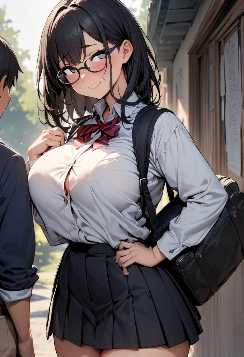 NSFW, (((photographrealistic))), (Shiny skin), (nffsw, in 8K,Wallpaper, High resolution), Perfect Anatomy, Cinematic lighting, Physically-based rendering, Award-winning, highlydetailed skin, extra detailed face, Eyes with beautiful details, Carl Zeiss 85mm F/1.4, (1 man and 1 girl, a couple:1.5), Cute 16 year old Japan schoolgirl, sitting in the chair, (Black hair, Brown eyes, Round face), middlebreasts, Wet school blouse with ribbon, Navy Pleated Skirt Lift, Navy High Socks,Spread legs, Thigh Focus, In the classroom, Blue Hour, (One man is a student, A student is hugging a girl from behind:1.5), student clothes, (Student touching girl's panties:1.5), [Full body shot], Shot from below,Braids、eye glasses、showing off breasts、(Lower body naked:1.5、Bottomless)
