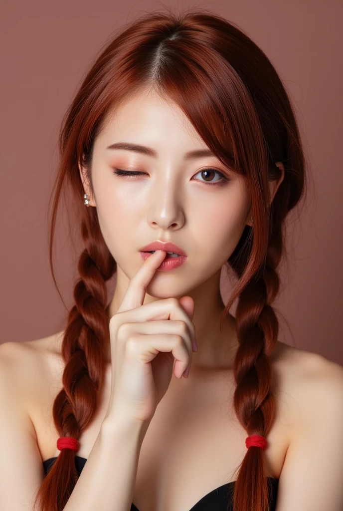 an asian woman,One eye closed, wink, woman, redhead, twin braids, hand on chin pose, mouth slightly open