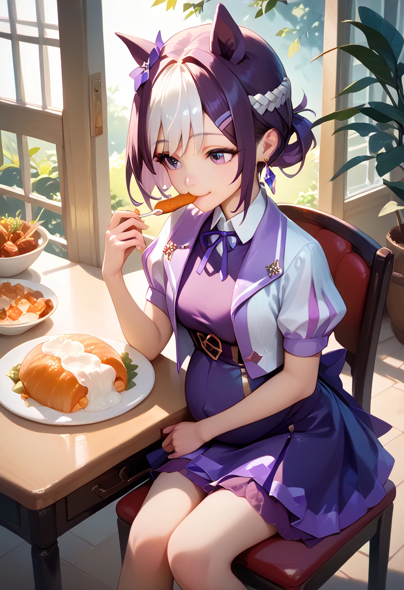 score 9, score 8 up, score 7 up, ((Top Quality)), ((Masterpiece)), (Details), best quality, (beautiful hands), specialweek, purple skirt, purple shirt, purple jacket,smile, pregnant, Eating a large portion of rice , table, Sitting in a chair, 