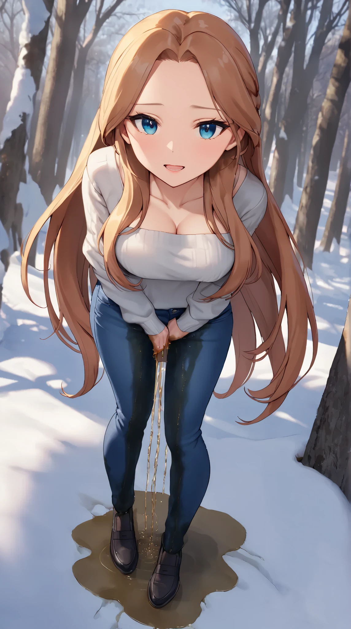 A youthful female with dazzling eyes and lovely long hair with perfect body:1.1 and medium breast is standing and (wetting herself:1.5). She is wearing a blue jeans and casual outfit. Outdoor setting in winter. Fashion photography. Looking at viewer in relief. (Best quality. Masterpiece:1.3. 16K. Detailed. Ultra high resolution). Soft natural lighting. Highly detailed face and skin texture. Detailed eyes. (Deep focus. Full body picture:1.5). Forehead.