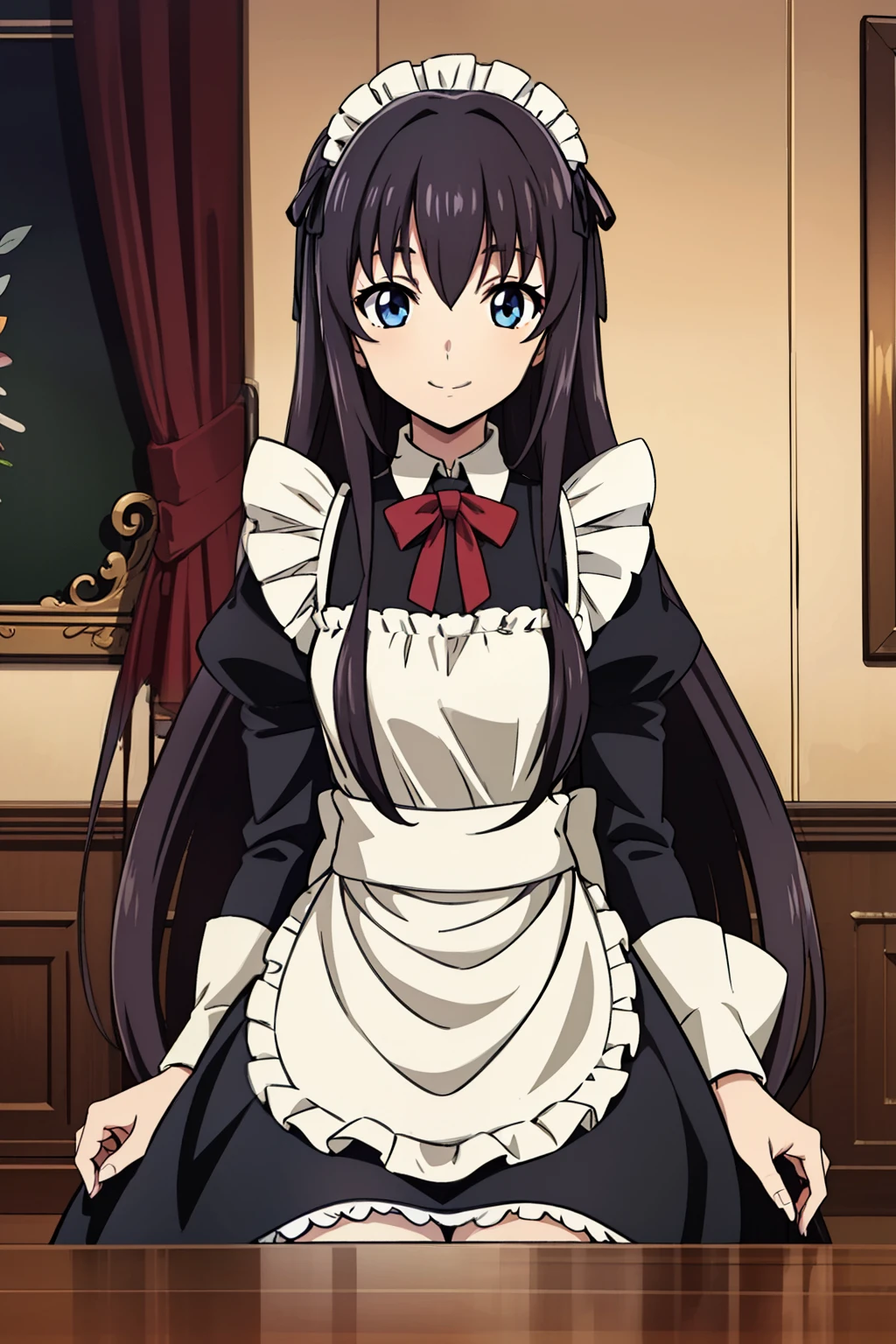 1 girl, cute, black hair, long hair, 髪band, (sitting on chair), (smile), (Gothic coffee shop), ((maid)), (anime cels style, Masterpiece, best quality, high resolution, anime colored, megami magazine:1.2, anime poster style, anime keyvisual, sharp, 8k, photorealistic), beautiful blue eyes