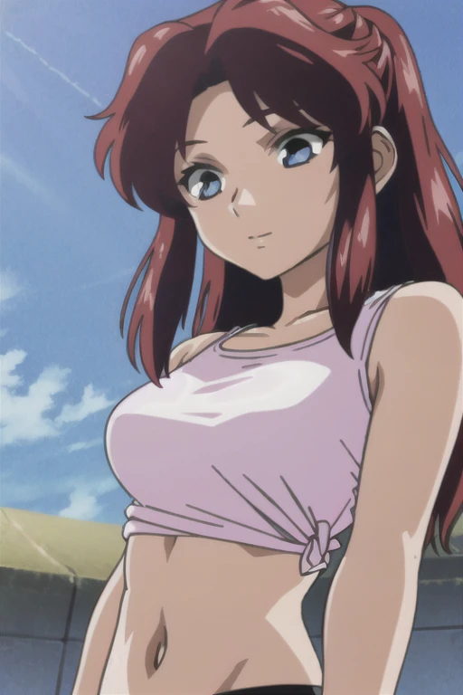 (POV Kiss | Peck | Thick Lips : 1.3), blue dress, garden background, Mei Terumi, anime cels style, best quality, high resolution, 1girl, (large breasts:1.2), beautiful face, long hair, brown hair, green eyes, ((hair over one eye)), lipstick, cowboy shot, light smile