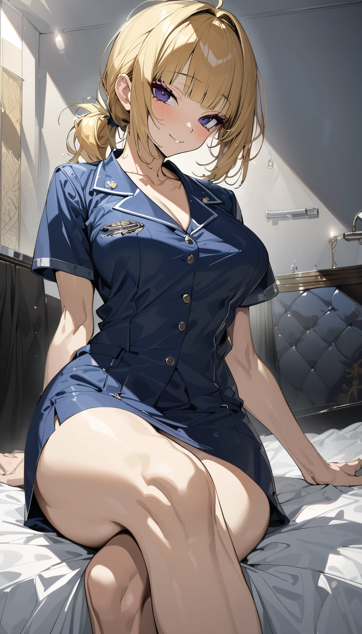 (((Nipples exposed from disheveled uniform)))、(((((have sex with a man and make him ejaculate)))))、((((sexual act))))、((((insertion))))、((((((Lie on the bed and spread your legs))))))、Nipples protruding from the bra、((((feel shy))))、((a blond))、beautiful  Girl、Large beautiful breasts、cleavage of the breast、A slender、オマンコ、(((((Forcibly commit)))))、((smil))