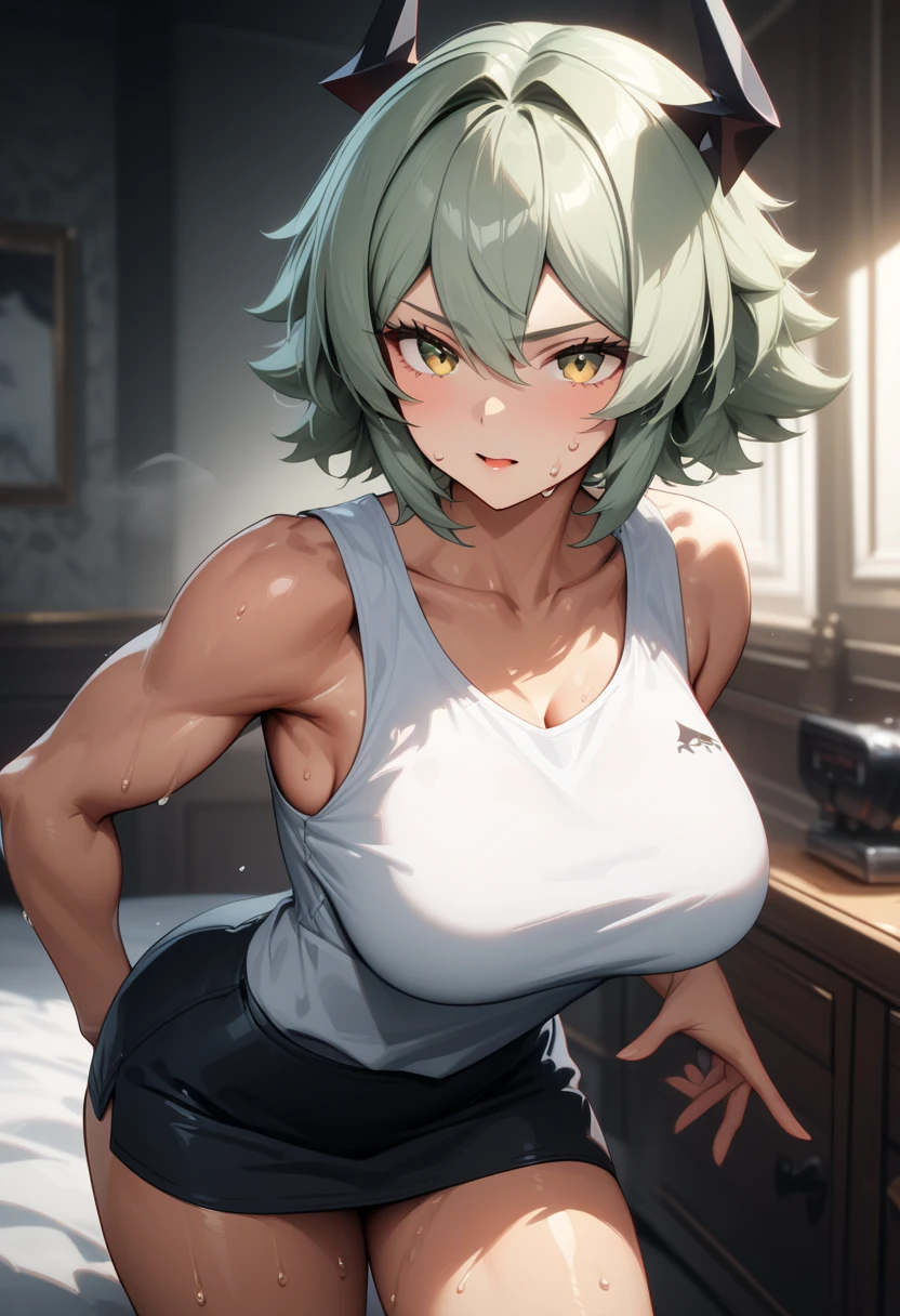 masterpiece,best quality,high resolution,8k,ultra HD,wallpaper,illustration,perfect face,cowboy shot,beautiful detailed eyes,extremely detailed face,perfect lighting,extremely detailed CG,perfect anatomy,perfect body,perfect hands,perfect fingers,1woman,full body,,muscle fighter body,(light green short hair),blonde eyes,large breasts,Medium ass,,(white Y-shirt),pencl skirt,clothed,,collarbone,,looking at viewer,(),Steam,sweat, on the bed,(Zenless Zone Zero character Caesar King ),adult,(black short demon horn),