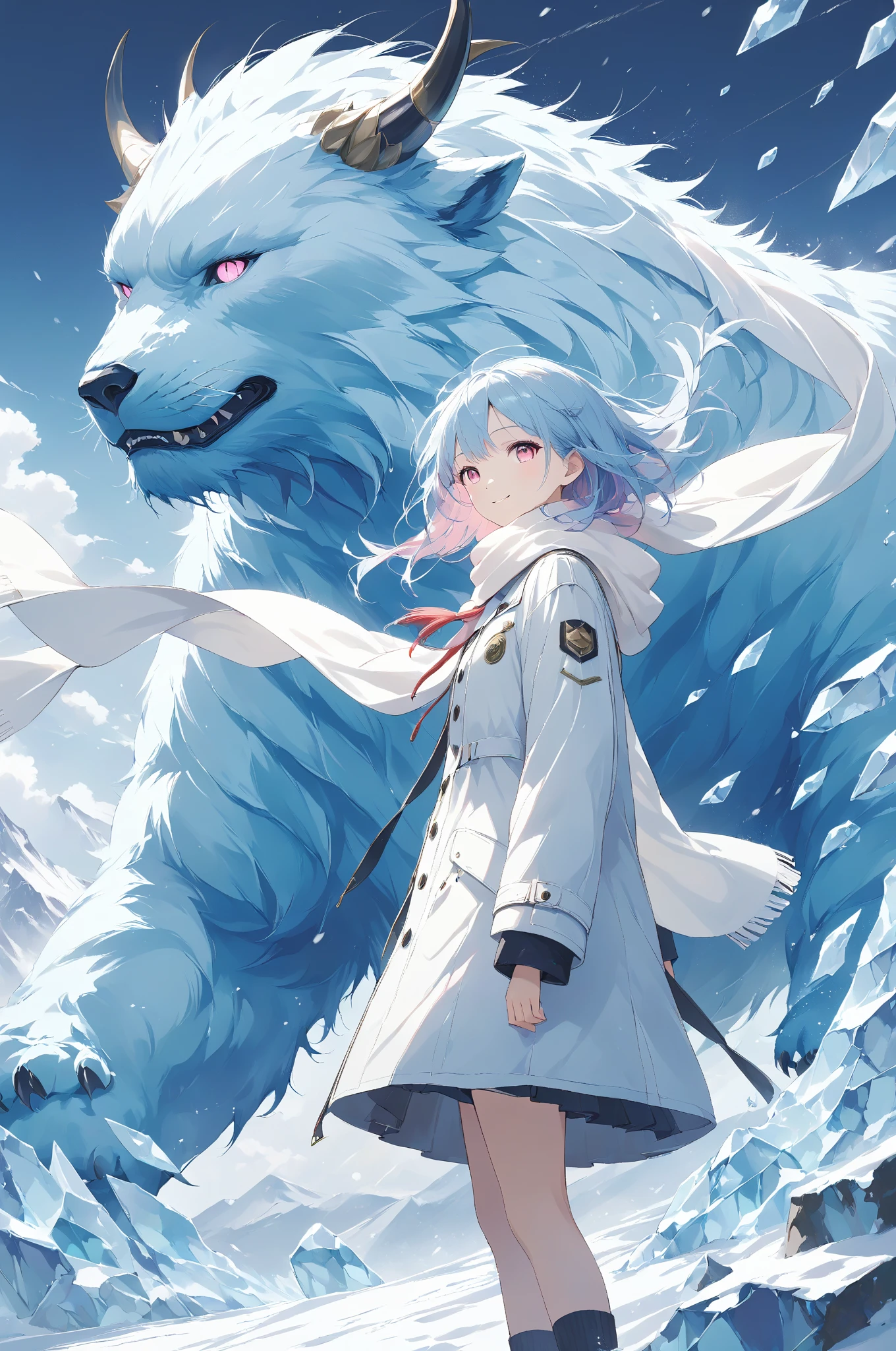 Masterpiece, high quality, high resolution, 16K, illustration by Makoto Shinkai, background detail, digital painting, hyperrealistic, transparency, petite girl smiling, long eyelashes, fair skin, full body, long light blue hair, pure white coat and white scarf, pale pink eyes, snow and ice beast, beast eyes glow red and menacing The beast is guarding behind the girl, ice spirits are flying around, heavy snowstorm and mountains, cinematic angles