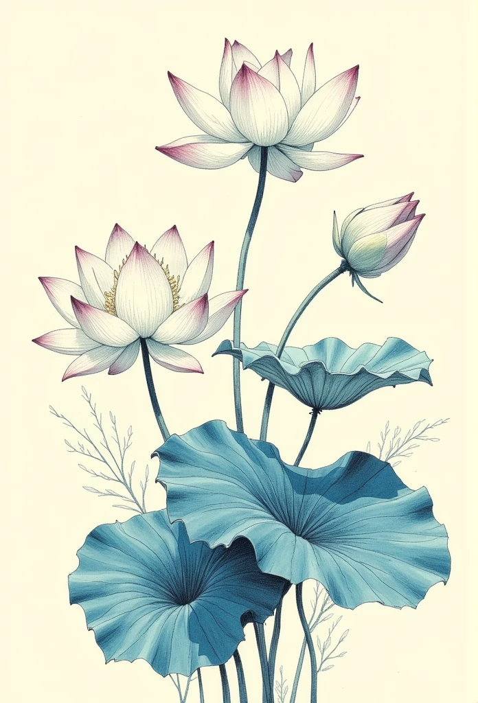   ภาพลายเส้น,ภาพวาดของ, three lotus and  leafs, pencil colour, (sketch picture), illustration , blue line colours, retro colour , white colour 