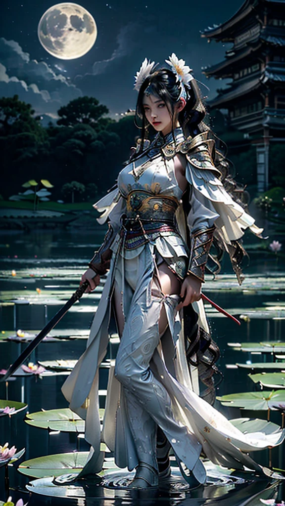  Sexy female character wearing white armor as a warrior from the Sengoku period 、((twintails, spiral curls hair))、((onyx black hair))、((toned body))、(glistening skin)、 Tight Body 、((mega breasts 1.8))、 plump breasts 、 plump thighs 、 The white armor with the water lily flower pattern engraved on it is a bikini type and is designed to highlight chest exposure、( Wear a cape with a water lily flower pattern )、gypsy skirt、 white shin guard with a water lily flower engraved on it 、White high-leg underwear 、White tights、 absolute domain、((The moment you pull out a sword))、Draw your sword、Iai、Dramatic lighting、night sky with star、Big Moon、(( Water lily flowers in full bloom in the background ))、(( Large water lily flowers blooming in full bloom on the front ))、 cinema-like scene 、Background water lily 、 Max Image、 Ultra High Definition、8k