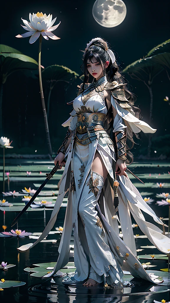  Sexy female character wearing white armor as a warrior from the Sengoku period 、((twintails, spiral curls hair))、((onyx black hair))、((toned body))、(glistening skin)、 Tight Body 、((mega breasts 1.8))、 plump breasts 、 plump thighs 、 The white armor with the water lily flower pattern engraved on it is a bikini type and is designed to highlight chest exposure、( Wear a cape with a water lily flower pattern )、gypsy skirt、 white shin guard with a water lily flower engraved on it 、White high-leg underwear 、White tights、 absolute domain、((The moment you pull out a sword))、Draw your sword、Iai、Dramatic lighting、night sky with star、Big Moon、(( Water lily flowers in full bloom in the background ))、(( Large water lily flowers blooming in full bloom on the front ))、 cinema-like scene 、Background water lily 、 Max Image、 Ultra High Definition、8k