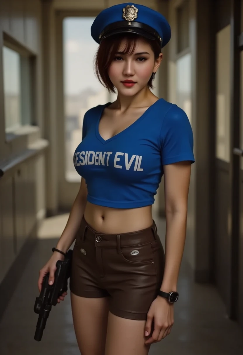 Lisamy, Jill Valentine of Resident Evil, Perfect body, blue tshirt, short skirt, pistol, police hat