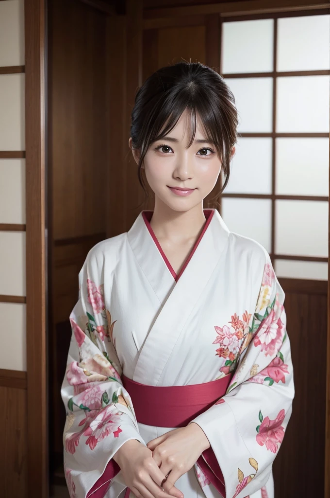 8k、 high definition、 Ultra Details 、 Photorealistic、 high definition 、Realistic and accurate depiction、Realistic and accurate human anatomy、 top quality、 Japanese woman with a viewing angle of 、 pretty girl、(((JPGND))), (((kimono))), (( top quality、8k傑作:1.3))、(Super beautiful face:1.0)、( pubic skin:1.0)、 Realistic Pictures、 Perfect Dynamic Composition,  Video Writing 、 high definition の目と顔、One of the Japanese, Pure beauty, cute,  elegant , kimono,  smiles, ,A long-established inn in Kyoto,  Japanese Garden, Luxurious Japanese-style room, 振り返って smiles