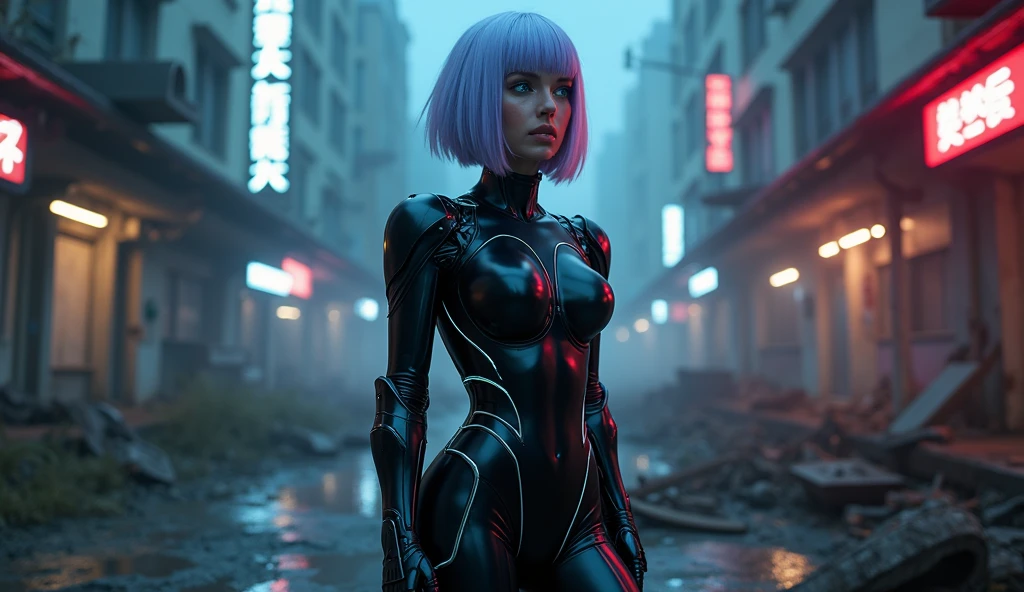 closeup portrait of a cute cyberpunk street samurai, standing in a dark back alley, surrounded by hoodlums, ready to fight, short bright pink hair, wearing black latex bodysuit, gauntlets, pauldrons, she is ready for a fight, sword in hand, toned and fit, streetlight, (backlighting), realistic, masterpiece, highest quality, ((intricate armor)), fantasy forest in background, orcs surround her, fantasy monsters in background, night, dark,  ((excited)), lens flare, shade, bloom, ((light sparkles)), [chromatic aberration], by Jeremy Lipking, by Antonio J. Manzanedo, by (Alphonse Mucha), digital painting, (goth:1.2),(enhanced cyborg body:1.1),(intricate:1.2), (cyberpunk:1.2), (in the style of Blade Runner:1.2), ( robot joints:1.1), (robot eyes:1.2), (perfect face:1.2), (led lighting:1.2), (smokey:1.1), (in the style of Ghost In The Shell:1.2)
