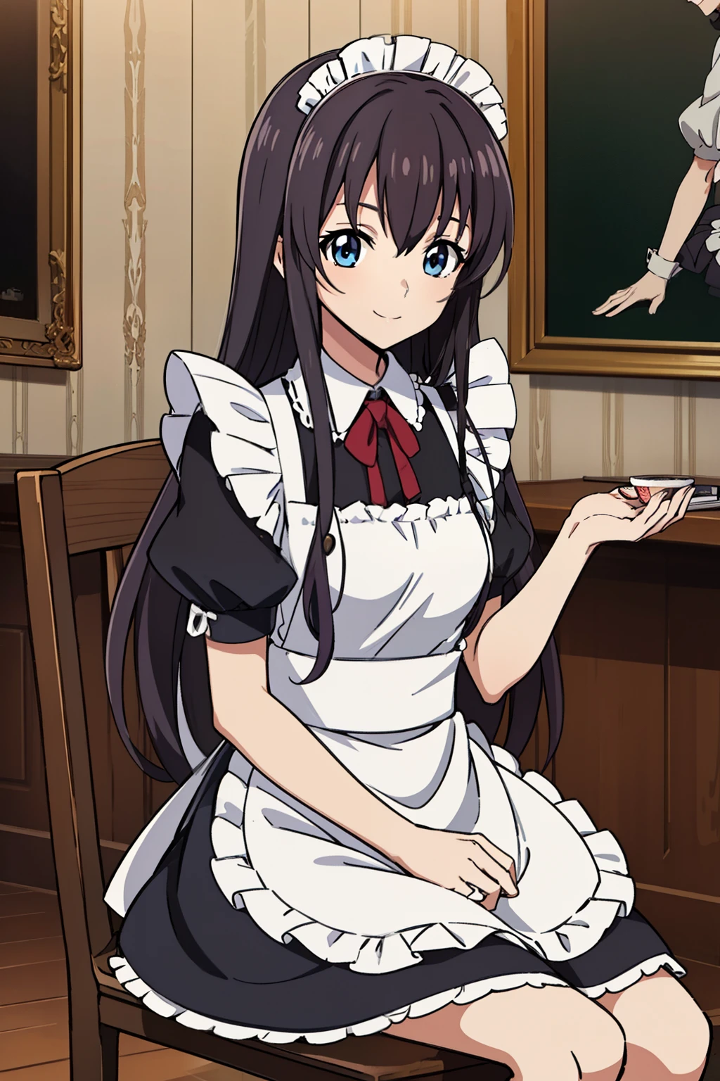 from side, 1 girl, cute, black hair, long hair, 髪band, (sitting on chair), (smile), (Gothic coffee shop), ((maid)), (anime cels style, Masterpiece, best quality, high resolution, anime colored, megami magazine:1.2, anime poster style, anime keyvisual, sharp, 8k, photorealistic), beautiful blue eyes