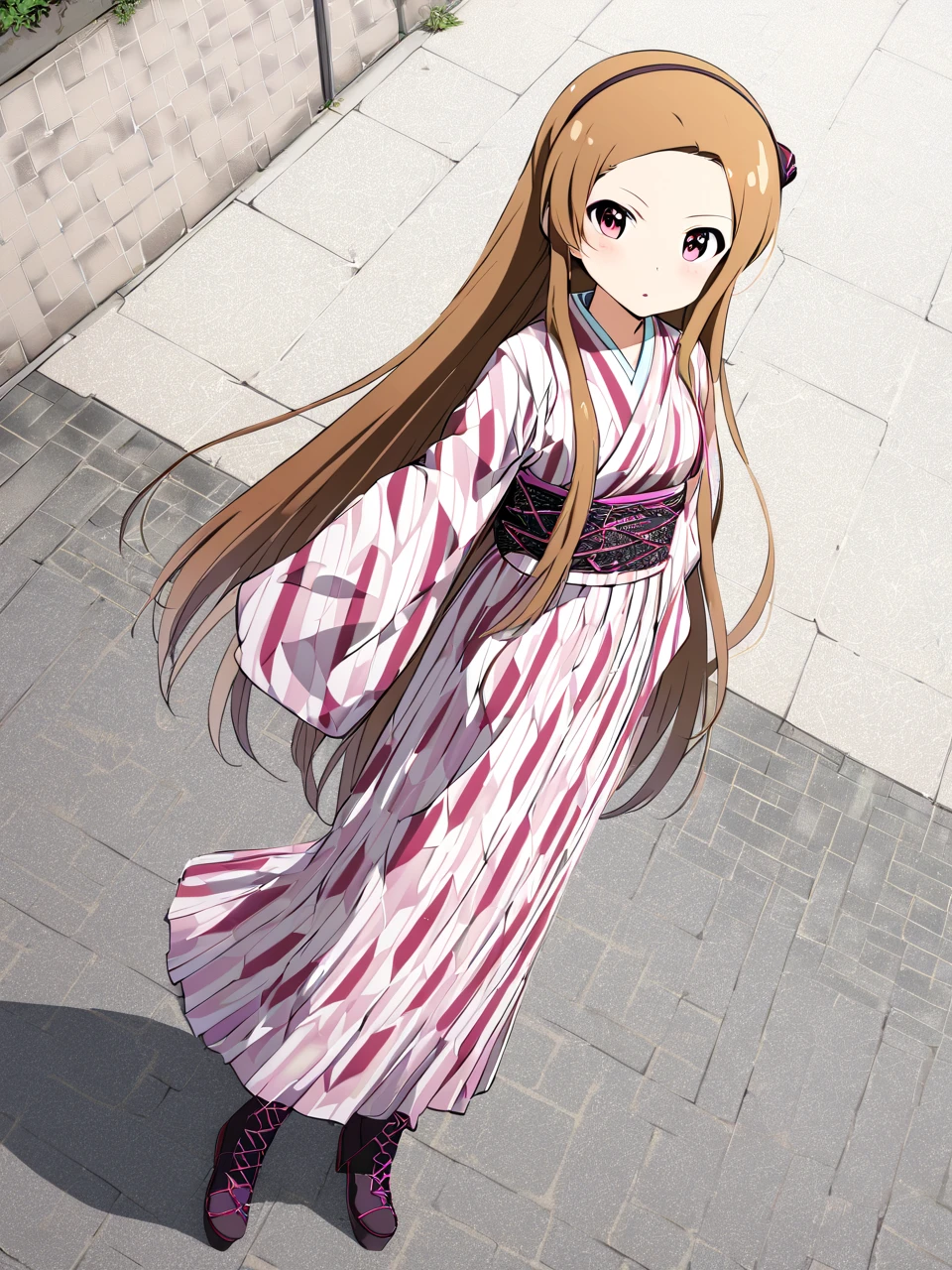   brown hair,  long hair, Pink Eye,  small breasts,  headband,  ベアショルダー ,  1 girl , solos
BREAK
 Dutch angle,   Wide Shot , , 日本のkimono ,   long skirt  , kimono ,   Yagasuri   ,  Cross Lace Footwear  ,   Knee-High Boots   ,, 
 