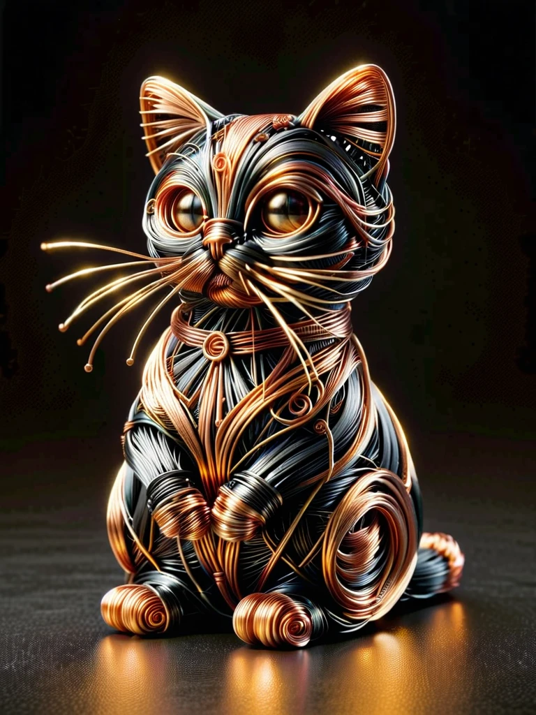  Small cute isometric cat emoji,  Tuxedo Cat , Black and white cats,  gold, constructed of copper wire and iron wire ， standing sitting and holding hands presenting lucky cat gestures， sparkle under display lights ， Finely crafted into a popular item ， 120mm Lens , Modular Constructivism , Decorative artworks ，Center， displayed in an art gallery 