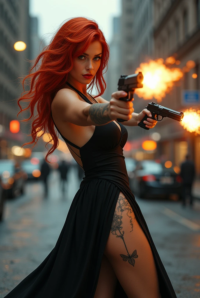 Beautiful woman is shooting with two guns and there is a signboard ridwangrapher
