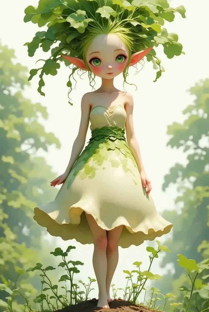 Super realistic illustration, Cinema 4D rendering, A Daikon Alraune, The lower body is a daikon, daikon dress, walking on the grass field in the forest