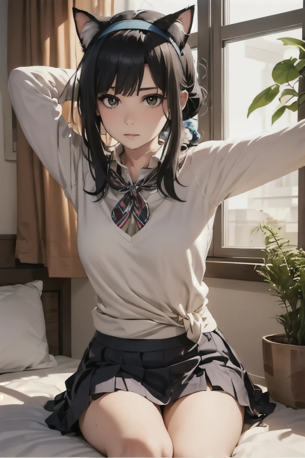 (photorealism:1.2), beautiful woman, sitting on bed, wearing a top and a short skirt, stretching her arms against me to hug me, indoors, soft lighting, plants in background, window with sunlight, cozy room, relaxed pose, realistic, intricate details, warm colors, black hair, hair tied with a blue hairband, tied hair lying over the left shoulder, legs spread, cat ears, 