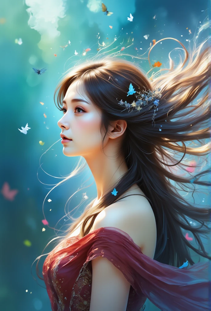 Spirit of the wind,side view portrait of a young asian woman, her hair flowing in the blue and colourful wind mixed with mist and dust. A illusionary and hyperrealitical scene of beauty. She is dressed in a wine red long dress with the elegantly intricated, adored.