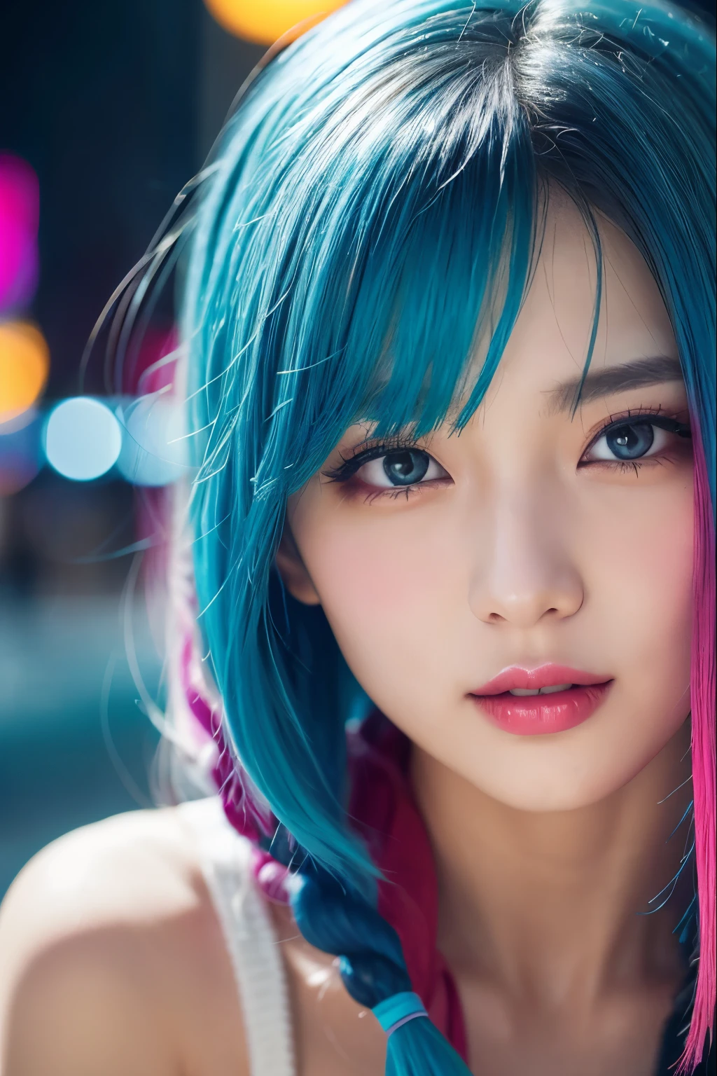 extremely detailed CG,UHD wallpaper, Extreme details,(realistic:1.2),(((best quality))), ((ultra-detailed)), (cute detailed face:1.2), {{highly detailed face}},beautiful and aesthetic,1girl,(masterpiece:1.4),glowing skin,strong rim light,dramatic shadows, intense shadows, SIGMA 35mm F1.4, ISO 200 Shutter Speed 2000,Photorealism,{photorealistic}, photogenic,Illustration, Girl, detailed manga illustration, finely detailed,HIGH RES,Stunning art,{{intricate detail}},(((beautiful detailed lighting))),beautiful detailed colorful eyes, dynamic fuzziness, intricate light, detailed clothes, rouge,full-length photograph,cyberpunk,Cyborg,sci-fi,city,cyberpunk busy city street,airship,fluorescence,
hair up,hair over one eye,iridescent color hair,blue hair, beautifull eyes,raised eyebrow,school uniform,hair ornament, (full body:1.5), (sit on the road:1.2), from above