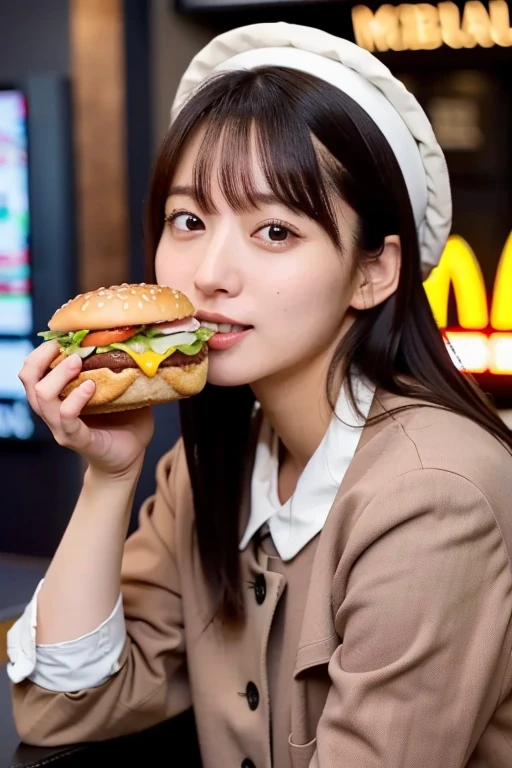 (  Masterpiece  ,  top quality,   Perfect Anatomy ,   highres icon, 8k,  realistic , photo realistic , natural skin texture,  no makeup in the coal mine:1.2),   with potatoes and drinks placed on the table , (Portrait of a Japanese girl eating a hamburger at McDonald's in the fall ,  holding an uneaten hamburger in her hand :1.2), She is 20 ,   very cute  , ( very big breasts and perfect style ),  I'm wearing earth-colored fall clothes,  miniskirt,  Watch Viewers,  side shot, at McDonald's,  bright interior, erogao , jp idol, tanukigao, (long shot:1.5)