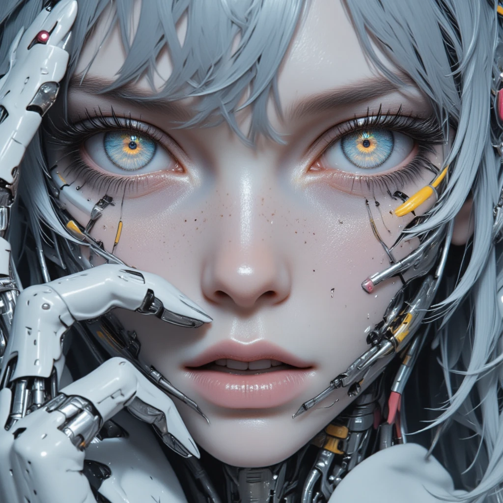  Close-up of a Korean woman's face .
 Crystal gray eyes , robotic lashes ,  exposed mechanical parts .
 Shimmering white skin . 
 Plump and voluminous silver-colored lips.
 Neon colored hair , obfuscating. 
 Sharp metallic teeth .
32K, HDR, UHD. 