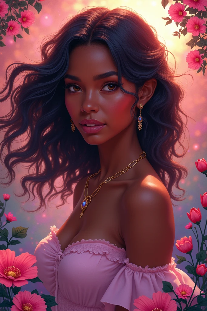 Selena from the Mobile Legends Bang Bang game in an explicit upper body shot, ((beautiful black woman with flawless dark skin)), long hair with blue gradient shine, clearly defined facial features, big detailed eyes, ((( wearing an off the shoulder sweater))) bright flowers in the background, masterpiece, best high quality image,96k, HD, depth of field, 1080P wallpaper, Stand out, Character focus, high quality, incredibly detailed, UHD image quality in the style of Amy Sol