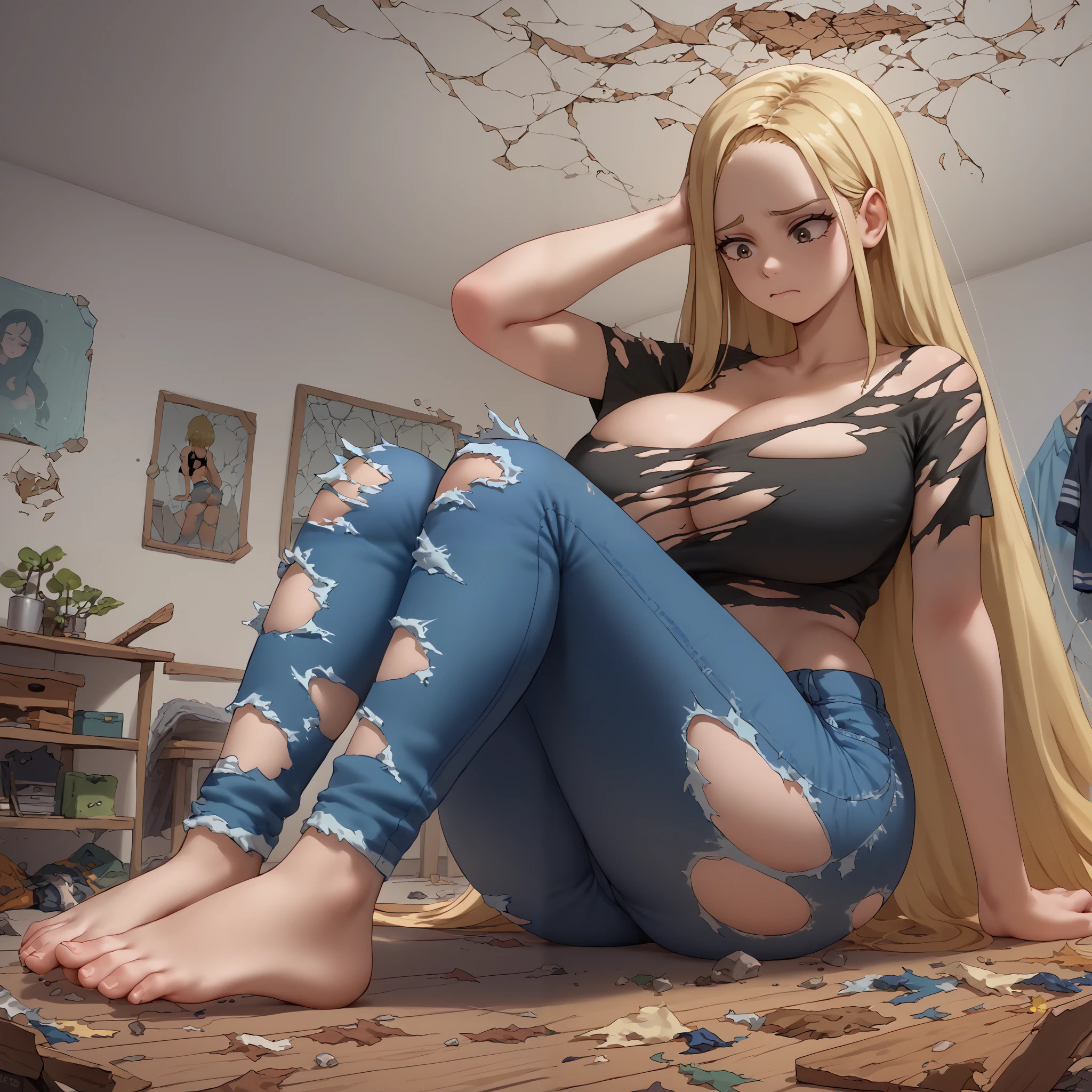 Solo, 1girl, minigiantess college student kneeling in a cramped room hunched over, torn black shirt( torn at cleavage:1.4), (huge breasts) , at( dorm room:1.3), large ass  very long blonde hair, solo, capri jeans,( crop top:0.7), , (slim waist:0.8) (books:0.5) scattered,  jeans frayed unzipped with fly down, (chubby:0.2) (girl:0.5), (light blue:0.4) jeans torn ass cheek torn hips, bare feet, growth, cramped, head touching ceiling, ((torn_clothes:1.4)), cracked ceiling