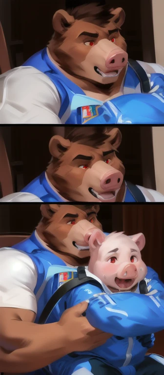 Super muscular boar beastman,Wear a uniform,Blindfold,A desperate and painful look,Mouth wide open with tongue sticking out,Getting cumshot in the face by some guys,(Surrounded by huge, red and black erect penises),(A large amount of semen all over the face:1.2),Head grabbed,mouth opener gag