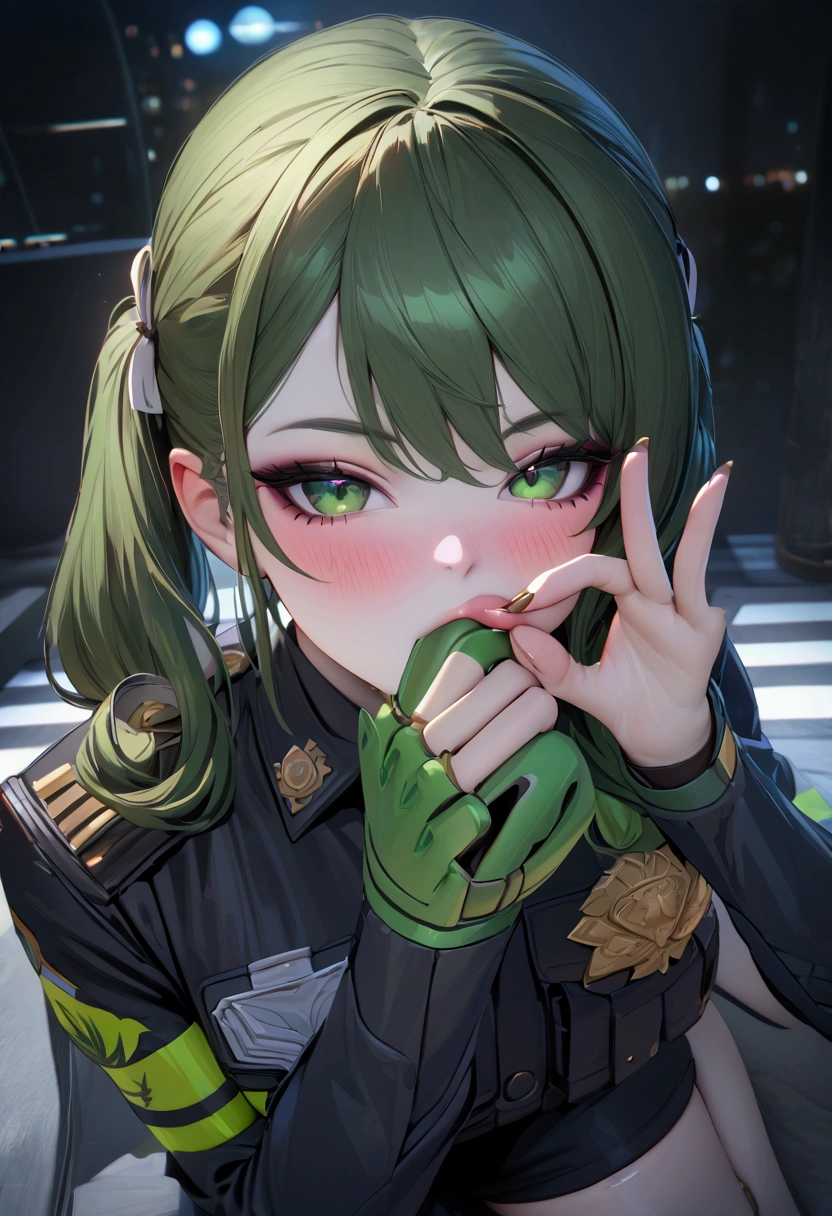 Qingyi, Night view, police uniform, Beauty, Beautiful eyes, blush, uhd, retina, masterpiece, ccurate, anatomically correct, textured skin, super detail, high details, high quality, best quality, highres, knee high boots, gloss lips, lipstick, 4K, eyeshadow, eyeliner, blush, long hair, lipstick, green hair, long eyelashes, pigtails, android body, fellatio gesture, 