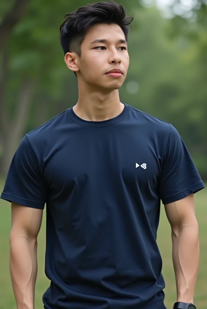 Best quality, offical wallpaper, 1boy, A sunny morning，grassy fields，ln the forest，Wearing navy t shirt,  Realistic, Photorealistic,  (EOS R8,50 millimeters,F1.2,8K,RAW photo:1.2), Bokeh ()