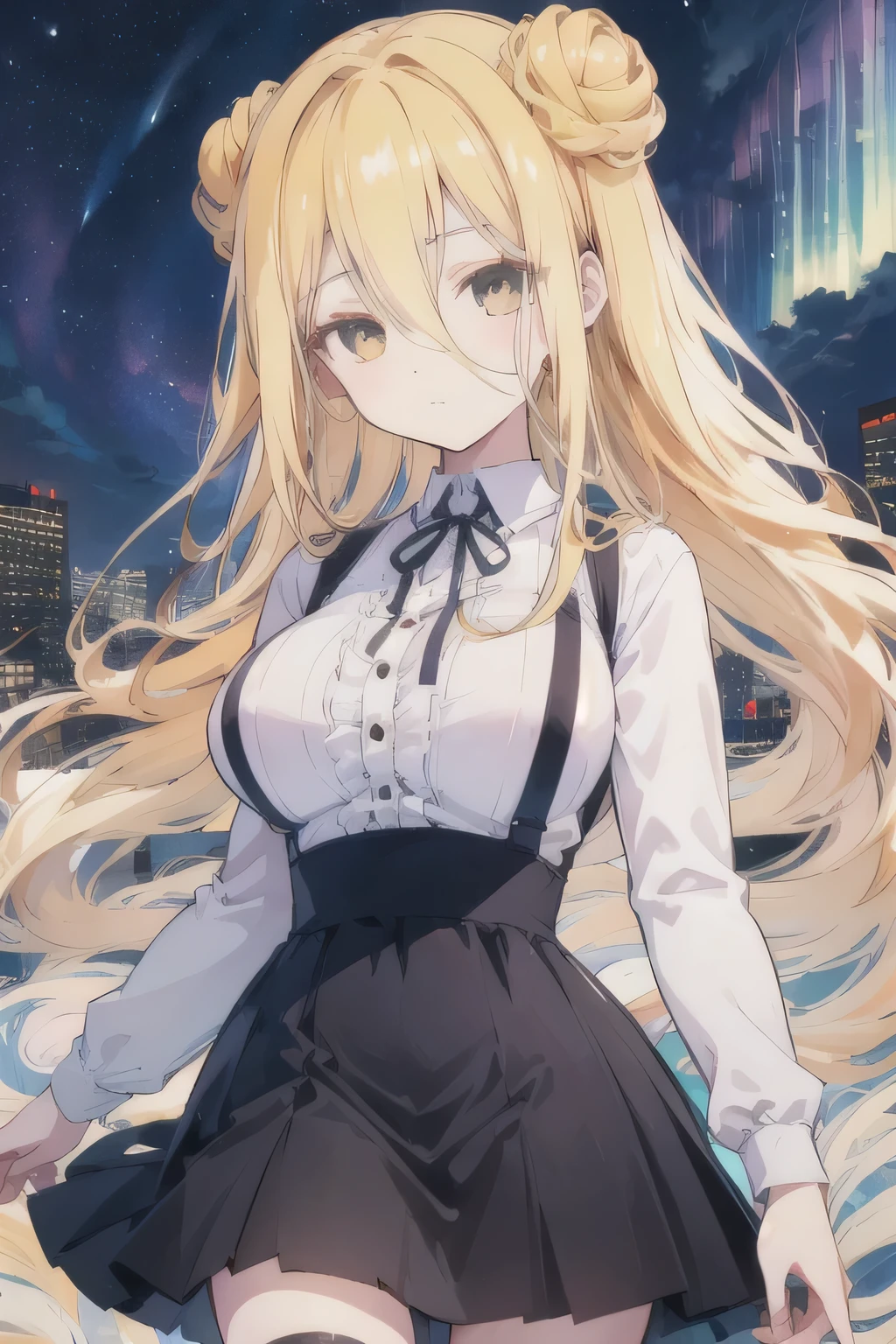 mmukuro,blonde hair, double bun, very long hair, long bangs, hair between eyes, (suspender skirt:1.4), black skirt, white shirt, long sleeves, striped thighhighs, outdoors, cityscape, city lights, night sky, night, aurora, standing, looking at viewer, black ribbon, center frills, (upper body:1.3),