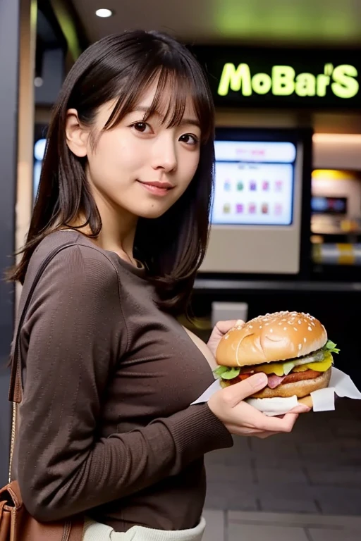 arafed girl holding a hamburger in front of a shelf of hamburgers, super realistic food picture, realistic anime 3 d style, eating burgers, realistic anime artstyle, realistic art style, anime food, anime girl in real life, realistic, serving burgers, realistic young girl, eating a burger, photorealistic girl ,