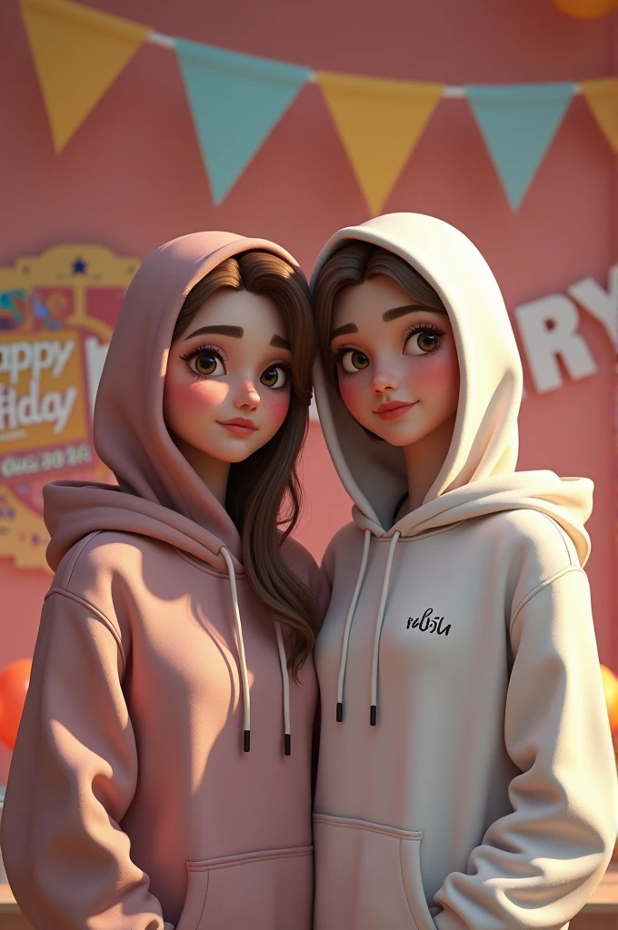 Pixar style: cute cartoon of a chubby 40 year old woman wearing a purple hoodie that says “I PURPLE YOU”, dark brown eyes and long straight dark brown hair with side bangs, red lips, blue jeans, white skin, pixar logo, 3d render, poster