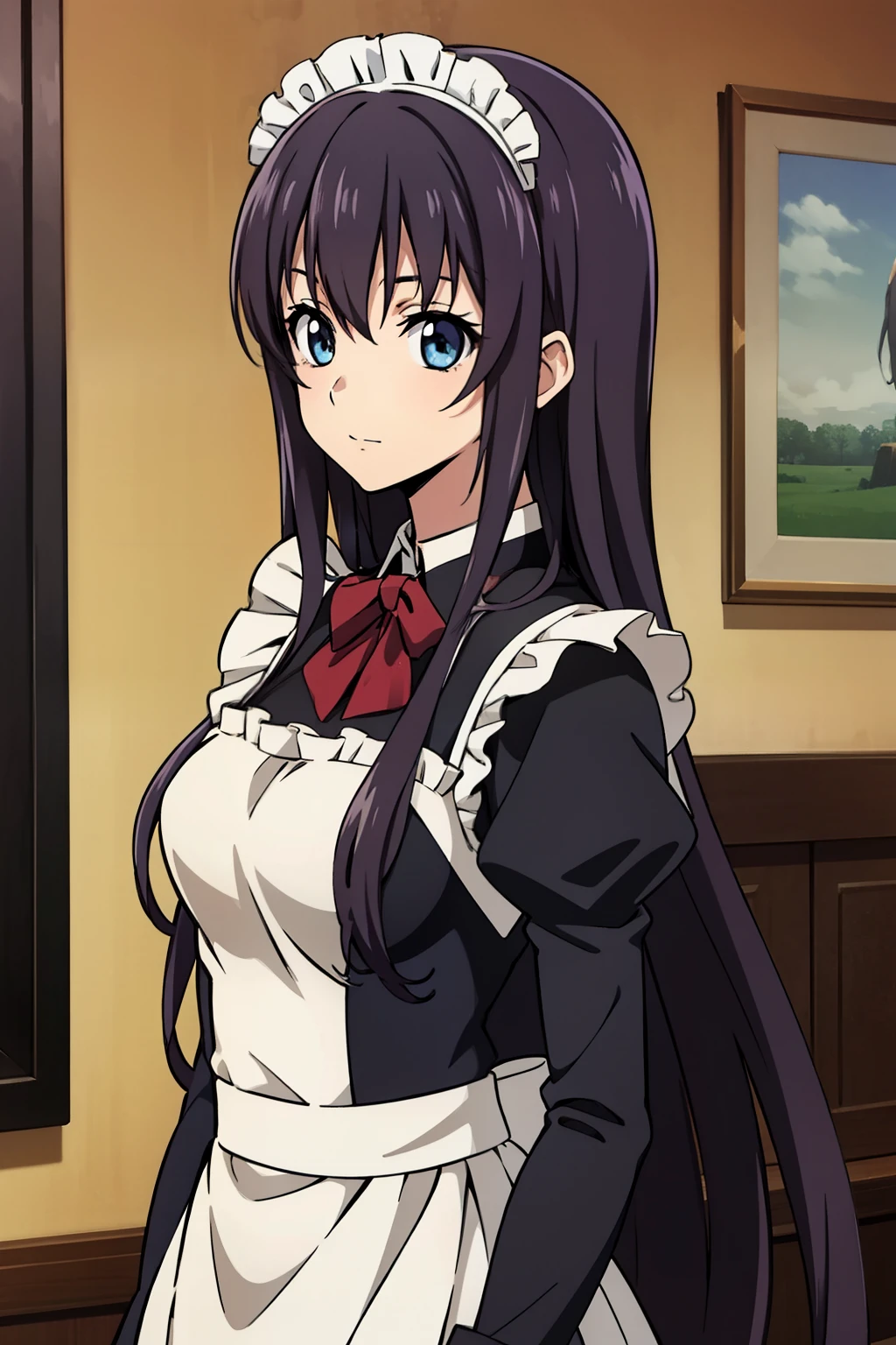 from side, 1 girl, cute, black hair, long hair, 髪band, (Gothic coffee shop), ((maid)), (anime cels style, Masterpiece, best quality, high resolution, anime colored, megami magazine:1.2, anime poster style, anime keyvisual, sharp, 8k, photorealistic), beautiful blue eyes