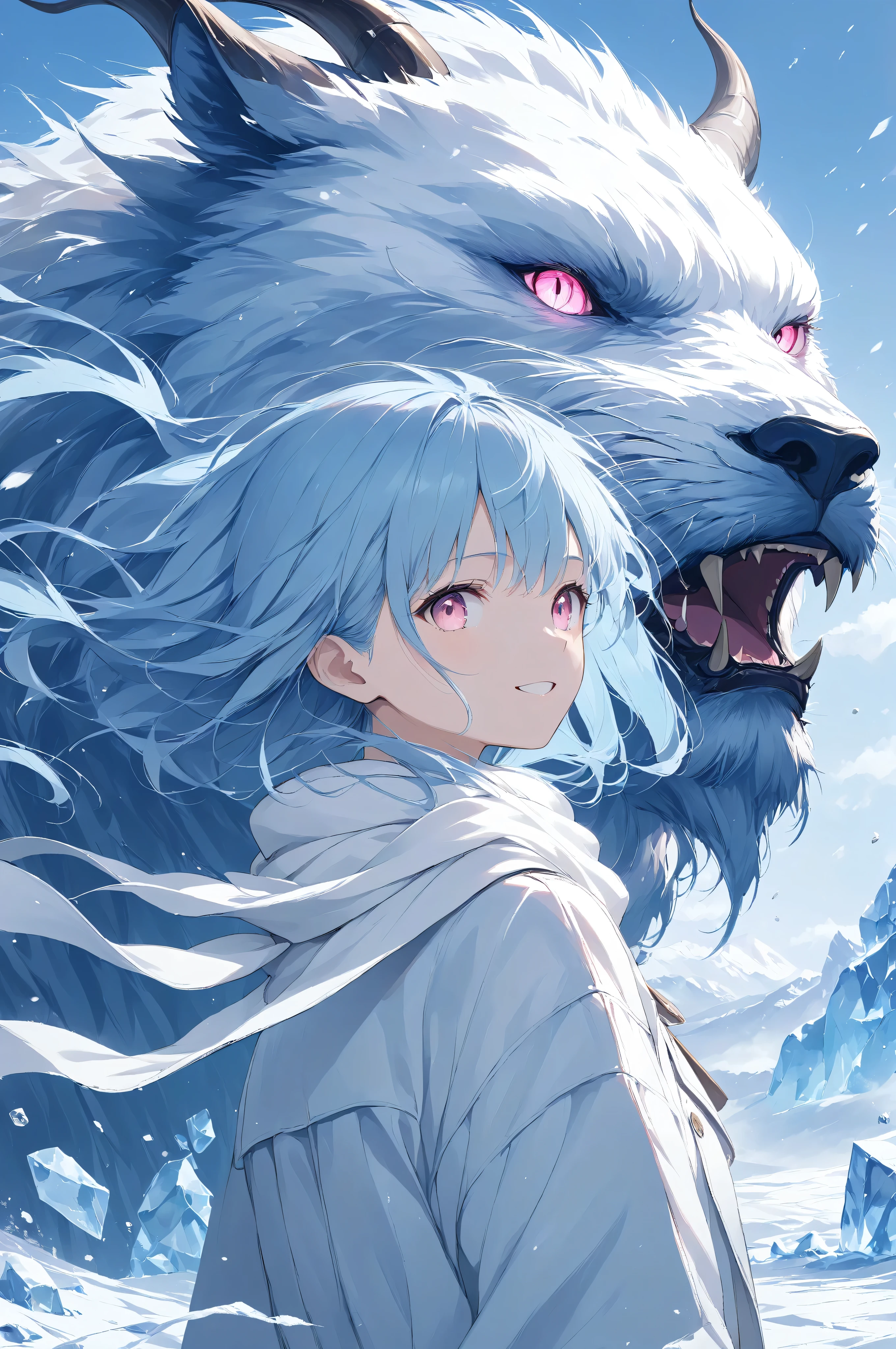 Masterpiece, high quality, high resolution, 16K, illustration by Makoto Shinkai, background detail, digital painting, hyperrealistic, transparent, ite girl smiling, long eyelashes, fair skin, long light blue hair, pure white coat and white scarf, pale pink eyes, snow and ice beast, beast's eyes glow red and menacing, The beast is guarding behind the girl, ice spirits flying around her, heavy snowstorm and mountains, cinematic angle