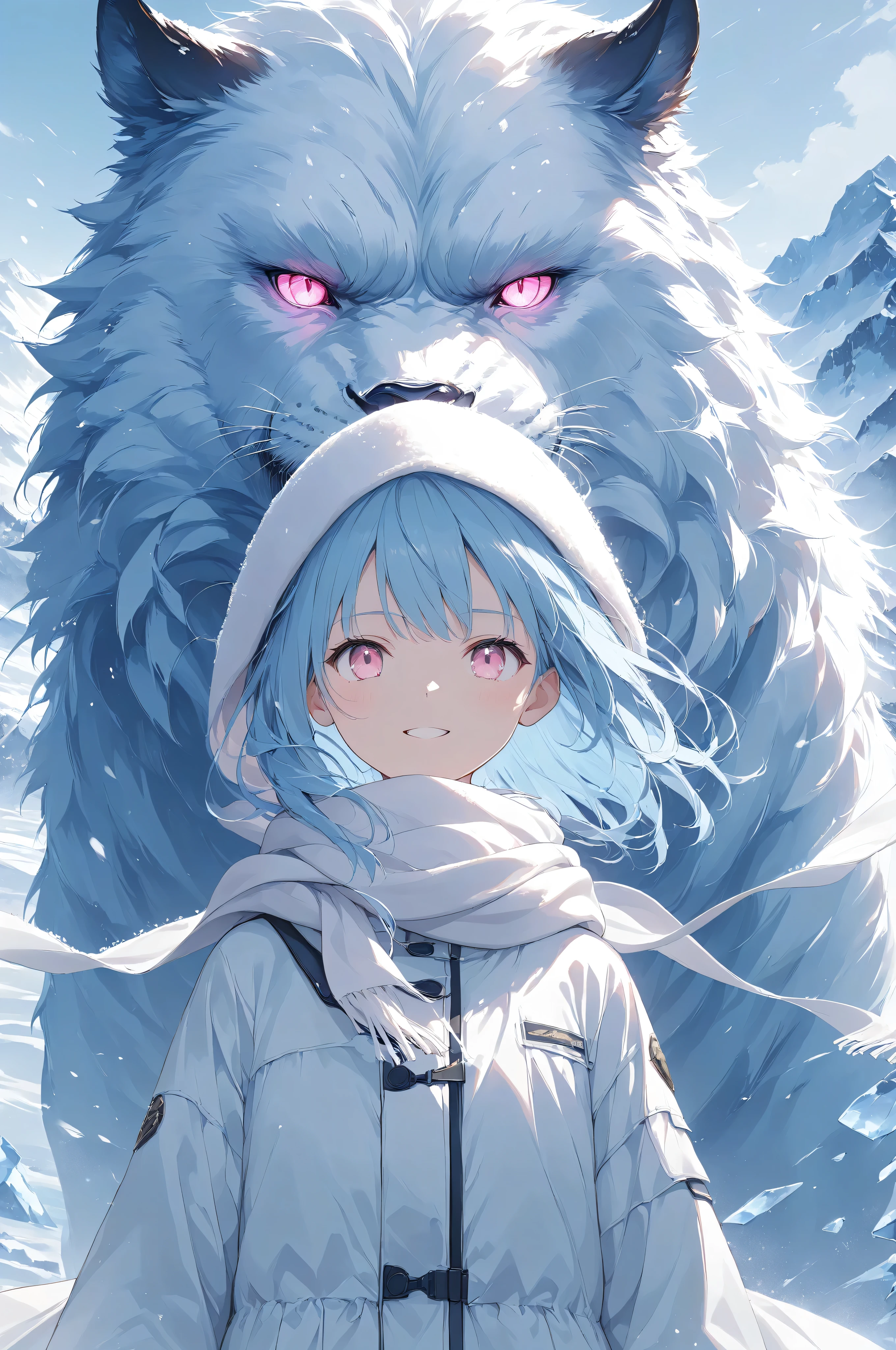 Masterpiece, high quality, high resolution, 16K, illustration by Makoto Shinkai, background detail, digital painting, hyperrealistic, transparent, petite girl smiling, long eyelashes, fair skin, long light blue hair, pure white coat and white scarf, pale pink eyes, snow and ice beast, beast's eyes glow red and menacing, Beast guarding behind girl, heavy snowstorm and mountains, cinematic angle