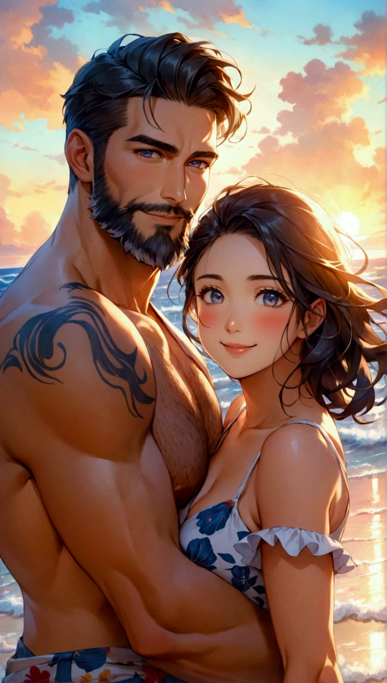 Flickering waves of the ocean after the sunset under the starry sky. The muscular Caucasian man in his thirties, dressed in a marine print beachwear, gracefully dancing with his charming Japanese girlfriend in her twenties, who is wearing a high-waist skirt in marine print. The man has a confident and protective aura, she looks up at him with a radiant smile, her silky black hair flowing in the ocean breeze. Both have a touch of blush, showing their happiness. The scene is full of warmth, love, and the carefree joy of a perfect beach evening. European man with groomed beard, young Japanese girl, age difference couple, height difference couple, beautiful eyes, looking at viewer, couple shot, male with beard, smile, blushed, wide view, dancing, lovers