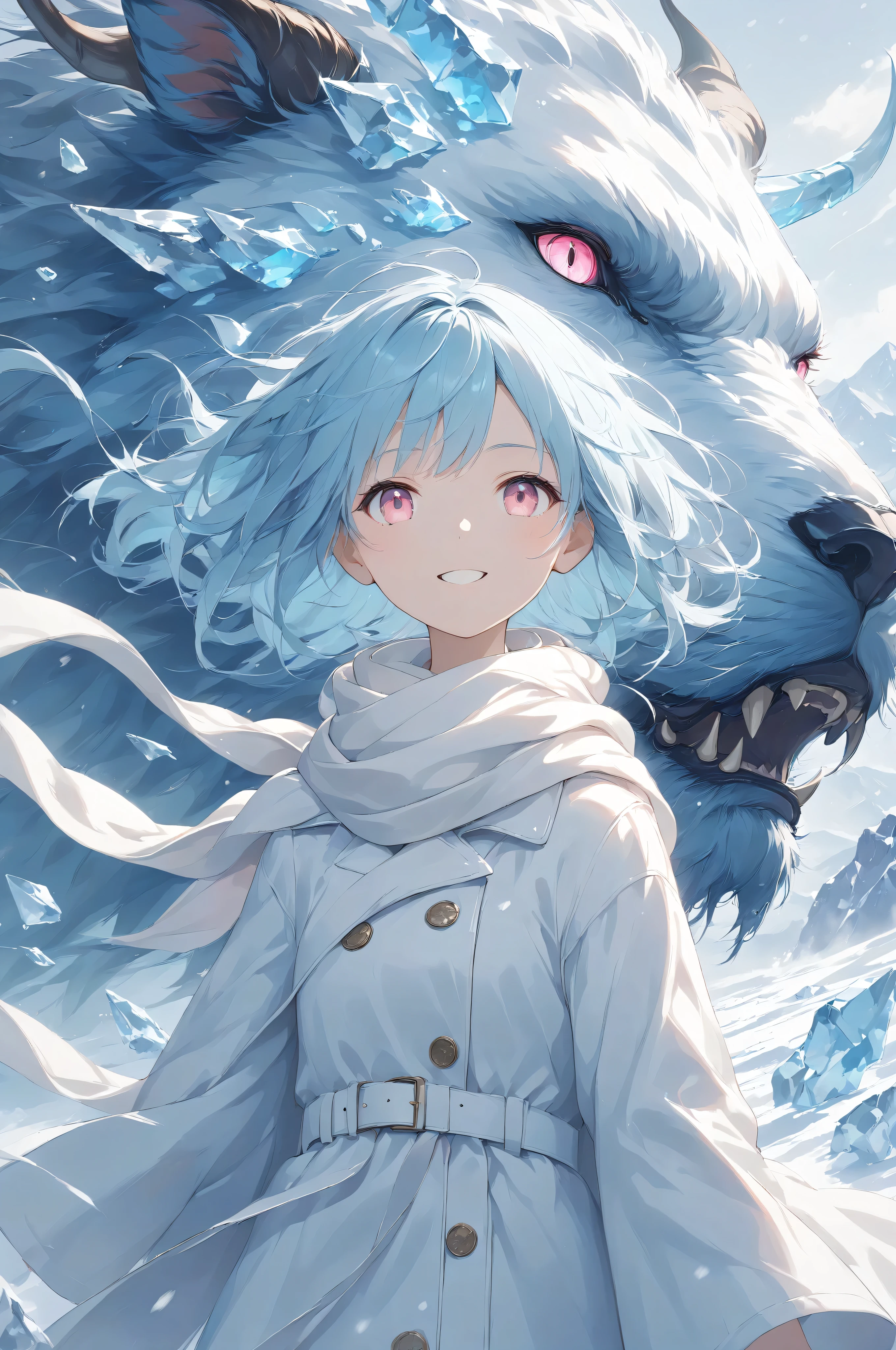Masterpiece, high quality, high resolution, 16K, illustration by Makoto Shinkai, background detail, digital painting, hyperrealistic, transparency, ite girl smiling, long eyelashes, fair skin, full body, long light blue hair, pure white coat and white scarf, pale pink eyes, snow and ice beast, beast eyes glow red and menacing The beast is guarding behind the girl, ice spirits are flying around, heavy snowstorm and mountains, cinematic angles
