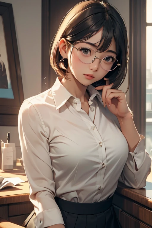 White silk girl，with a round face，short detailed hair，White T-shirt，Round glasses，The office looked down at the phone