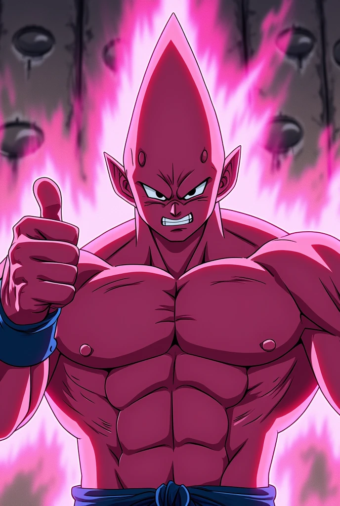 score_9, score_8_up, (masterpiece:1.3), (best quality:1.3), (highly detailed:1.3), (vibrant colors:1.2), powerful humanoid character with pink, muscular skin, distinct cone-shaped head, inspired by Majin Buu from Dragon Ball Z, making a thumbs-down gesture, confident and sinister grin, small dark eyes, broad chest, smooth glossy texture on skin, dramatic pose conveying dominance and defiance, anime style, cel-shaded with bold lines, high contrast lighting, enhanced pink tones, glowing highlights, cinematic shading, dynamic composition, glowing aura around the character, textured background, highly stylized