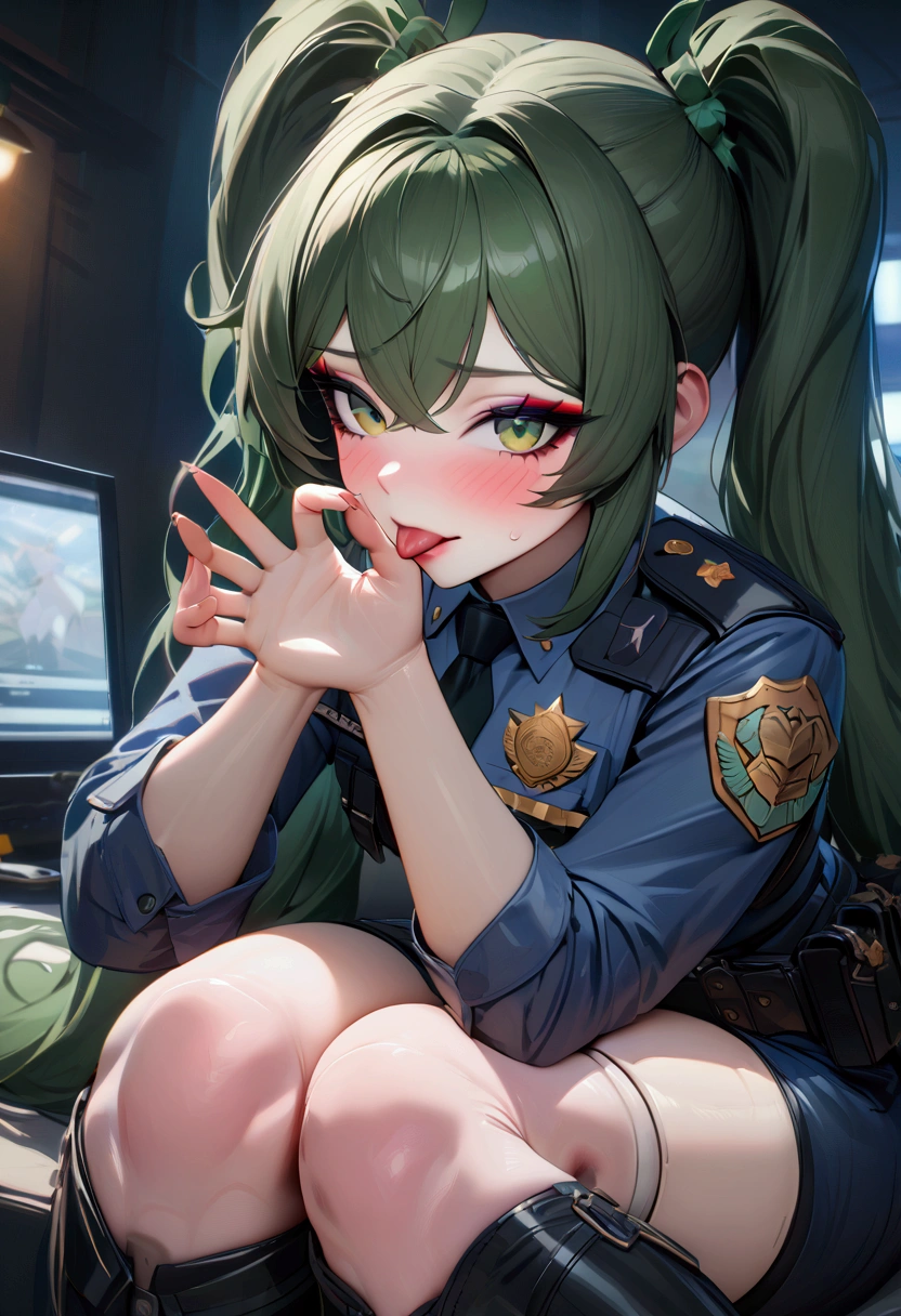 Qingyi, Night view, police uniform, Beauty, Beautiful eyes, blush, uhd, retina, masterpiece, ccurate, anatomically correct, textured skin, super detail, high details, high quality, best quality, highres, knee high boots, gloss lips, lipstick, 4K, eyeshadow, eyeliner, blush, long hair, lipstick, green hair, long eyelashes, pigtails, android body, fellatio gesture, tongue out