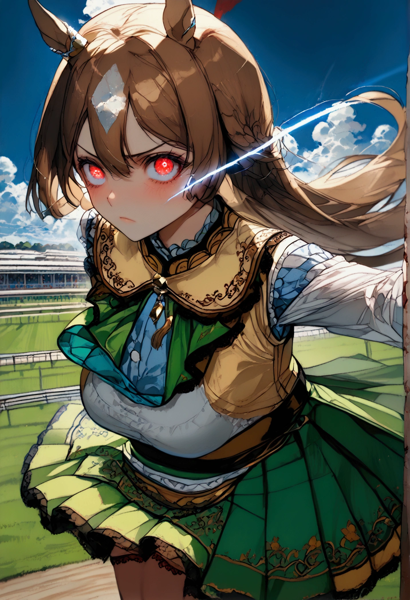 ((( Satono Diamond 1  )))、(((Brown Hair)))、(((White bangs)))、((( long hair)))、((( Green Horse Girl Skirt Costume)))、(((  who owns a horse&#39;ear)))、 Horse's Tail、(((((execution)))))、(((((walk short distance)))))、((Glowing Eye Trail  ))、((Glare with sharp eyes))、((frown))、((scowl))、(( Master Karate ))、(((speed)))、(((blue sky)))、(((Turf)))、(((Racecourse)))、「  top quality、  Masterpiece  、   Illustration  、  so delicate and beautiful 、 非常に Detailsな、CG、8k wallpaper、 wonderful、  Details、  Masterpiece  、最高の究極の芸術 非常に Detailsな CG Unity 8k wallpaper」、giant body huge chest 、((( Big cleavage))、(   Details Delicate Hair   )、(Delicate skin )、(   Delicate Face with Details   )、( Detailsで繊細な手 )、(  Details and Delicate Legs   )、(  Detailsで繊細な衣装)、(Perfect Legs)、(Perfect Arms)、(  perfect face)、Thunder and Lightning 